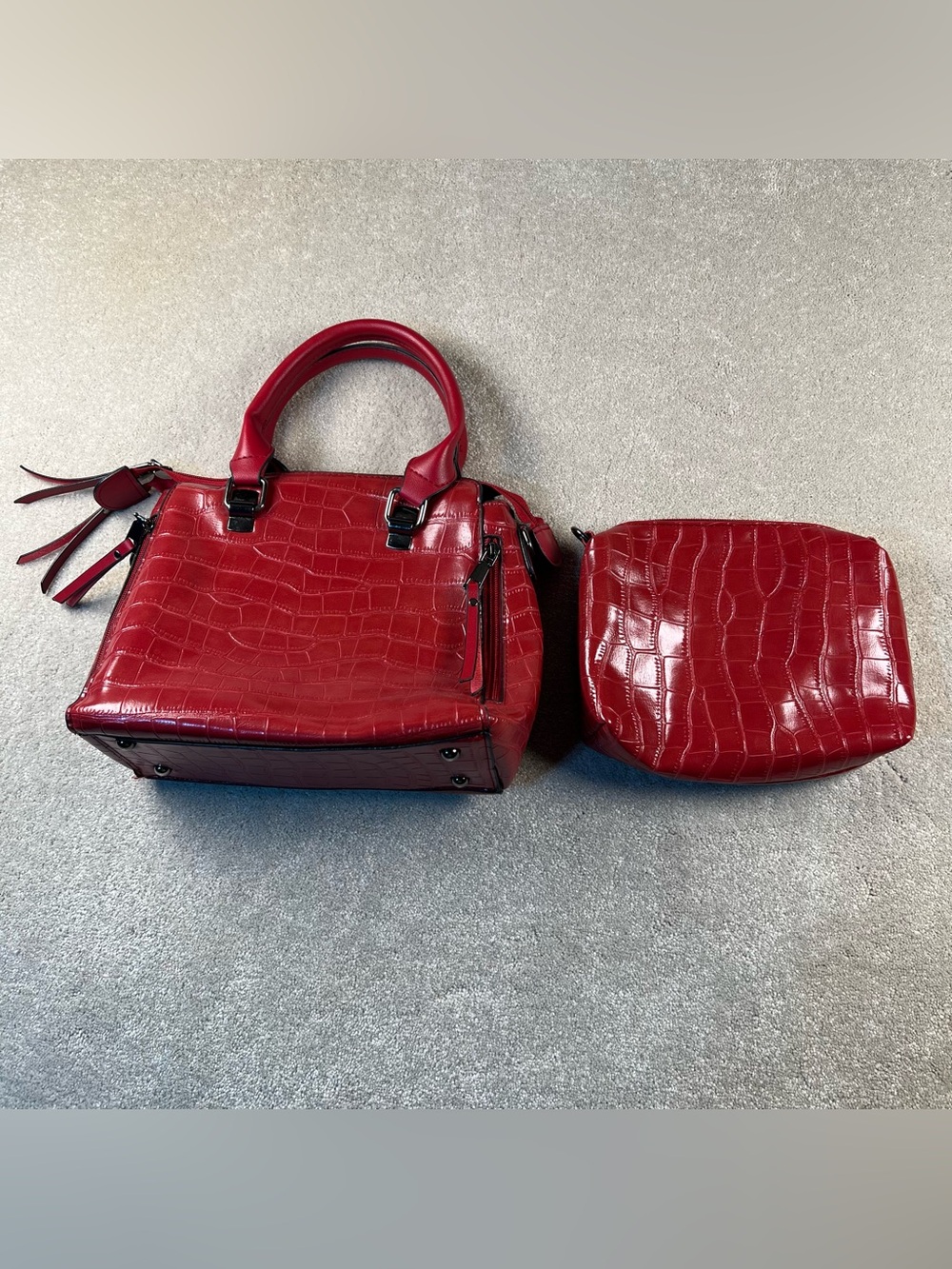 Handbag and Pouch Red Croc Double Zipper